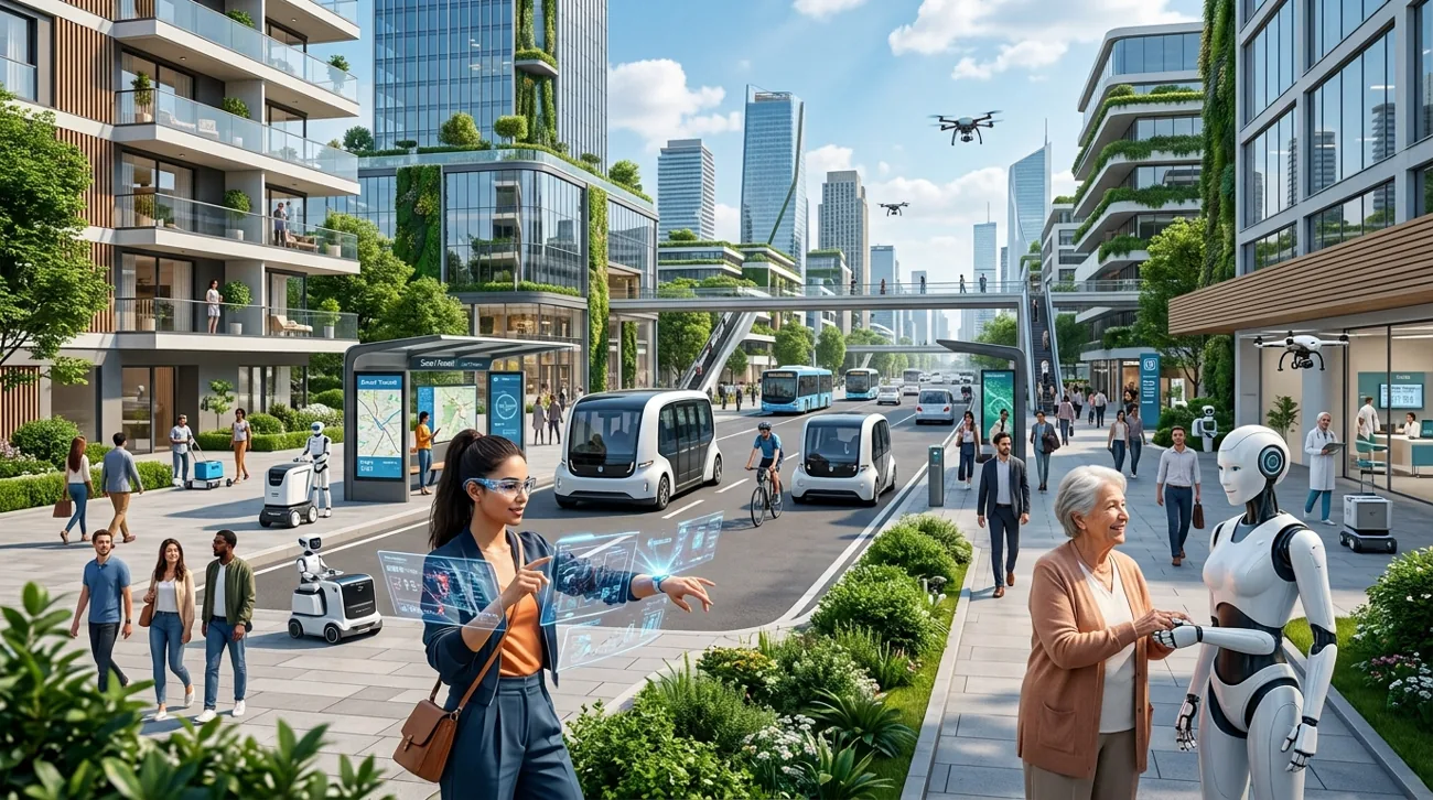 People walking in a technology-enabled city